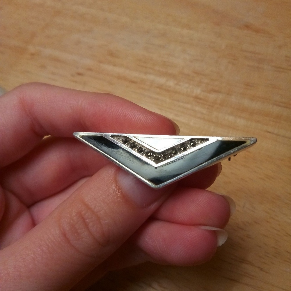 Sterling pin with marcasite, onyx and MOP